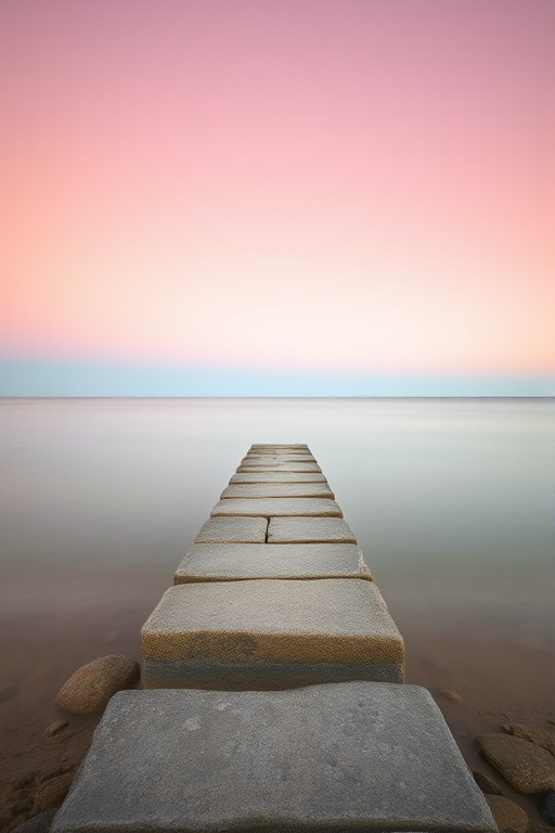 Create a serene beach scene featuring a smooth stone jetty extending into calm water under a soft, pastel sky, captured with a Canon EOS R5 using a 24-70mm f/2.8 lens at f/11, ISO 100, and a shutter speed of 3 seconds for a long exposure effect, aiming for a minimalistic and tranquil composition.