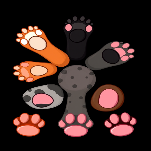 Create an illustration of four cartoon cat paws, colored orange, black, gray with white spots, and brown, with pink pads, on a solid black background, using a high-resolution digital camera at f/8 aperture, ISO 100, and a 50mm lens for sharp detail and vibrant colors.