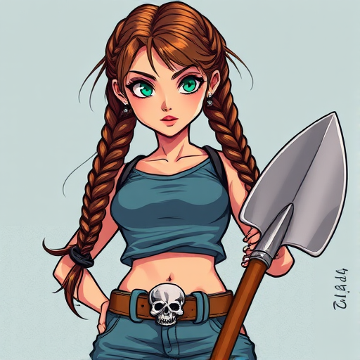 Create a vibrant digital illustration of a confident girl with braided hair holding a shovel, wearing a stylish outfit with a skull belt, use a 50mm lens, f/1.8 aperture for a shallow depth of field, shot from a slightly low angle to enhance perspective, utilizing a professional DSLR camera for high resolution and clarity.