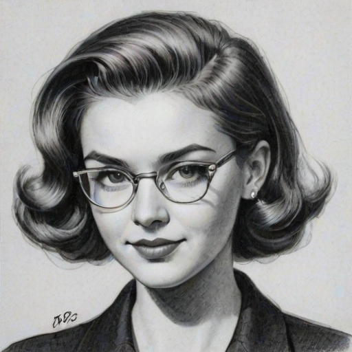Fascinating Jessie Paege, pencil sketch, portrait of Delightful woman 1949s in glasses, hair style beatnik, outline, clear lines, fine lines, 8k