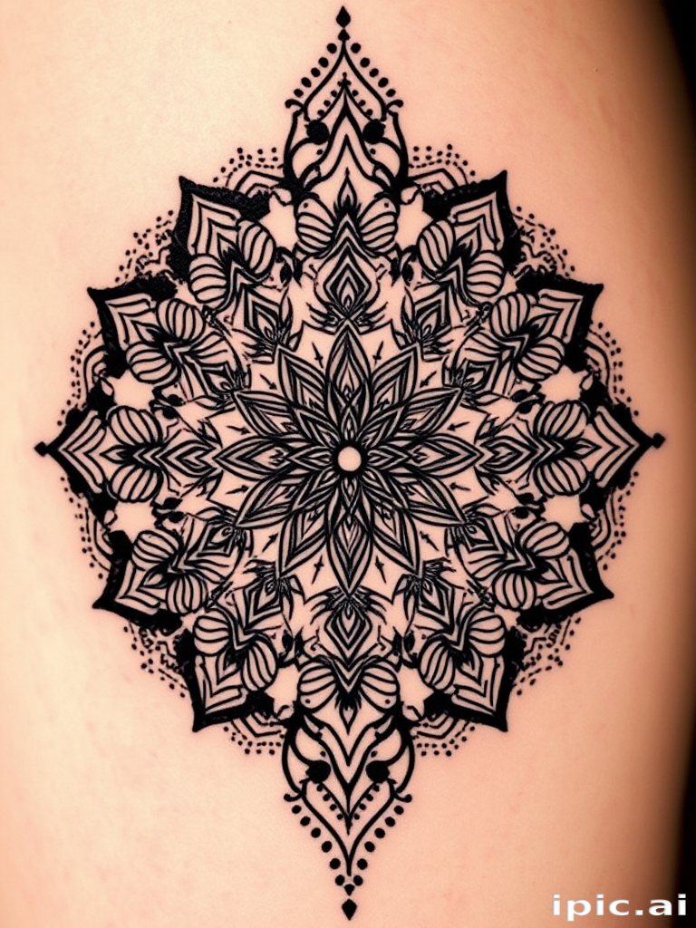 Dotwork mandala tattoo with intricate floral patterns and sacred geometry elements, gradually fading from solid black to delicate stippling for a mesmerizing optical illusion effect