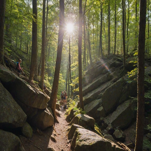 Scenic hiking trail through a dense forest, sunlight streaming through the trees, and a group of friends stopping to enjoy the view from a rocky outcrop.
