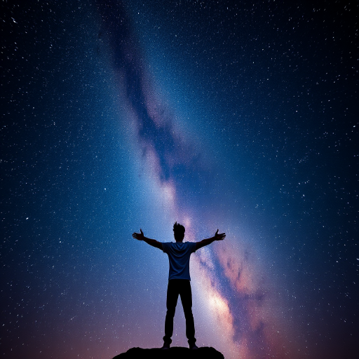 A person standing with arms outstretched against a cosmic backdrop filled with stars and nebulae, captured with a Canon EOS R5 at 24mm, f/1.8, ISO 100, long exposure, high dynamic range, in a surreal style.