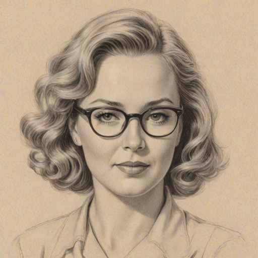 Graceful Catherine Hicks, pencil sketch, portrait of Enticing woman 1936s in glasses, hair style beatnik, outline, clear lines, fine lines, 8k