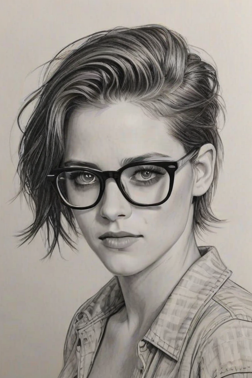 Fascinating Kristen Stewart, pencil sketch, portrait of Magnificent woman 1958s in glasses, hair style beatnik, outline, clear lines, fine lines, 8k
