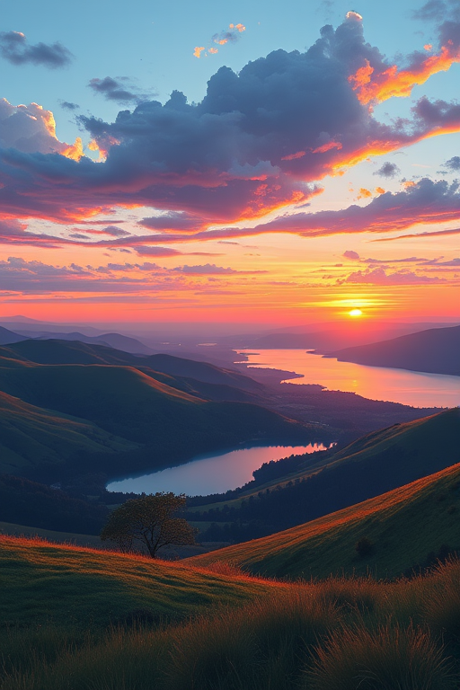 Create an illustration of a serene landscape featuring rolling hills, a tranquil lake reflecting the sky, and a sunset with vibrant colors, using a DSLR camera at f/8 aperture, ISO 200, 24mm focal length, landscape orientation, and a wide-angle lens to capture depth and detail.