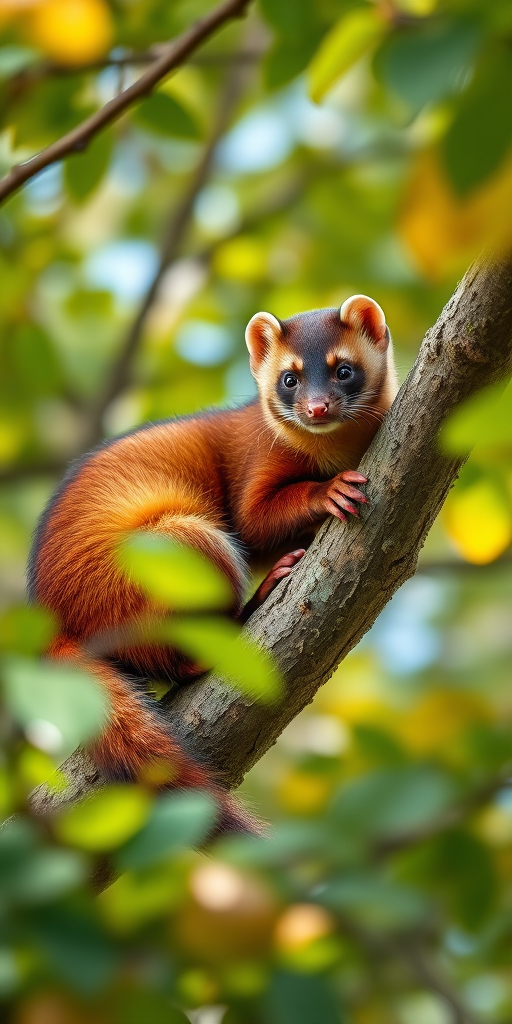 Create a highly detailed illustration of a marten resting on a tree branch surrounded by soft, blurred foliage in a serene outdoor setting, using a DSLR camera with a 85mm lens, f/1.8 aperture, ISO 200, and natural light to capture vivid colors and depth of field.