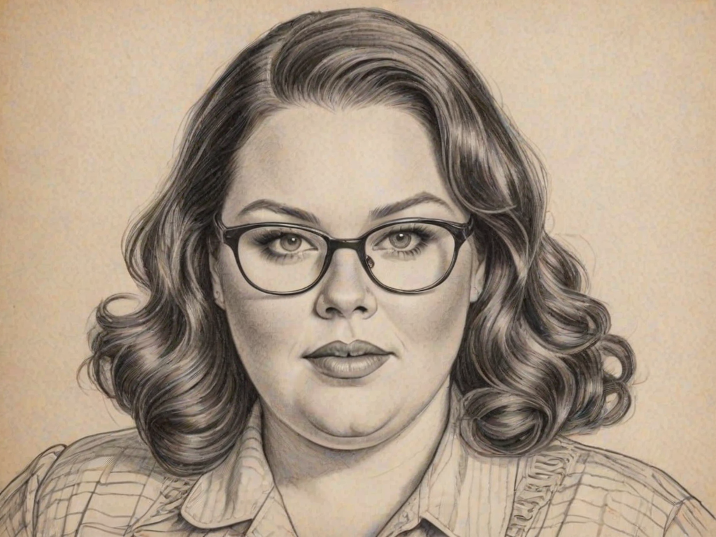 Appealing Chrissy Metz, pencil sketch, portrait of Lovely woman 1930s in glasses, hair style beatnik, outline, clear lines, fine lines, 8k
