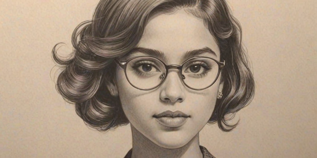 Attractive Isabela Moner, pencil sketch, portrait of Resplendent woman 1920s in glasses, hair style beatnik, outline, clear lines, fine lines, 8k