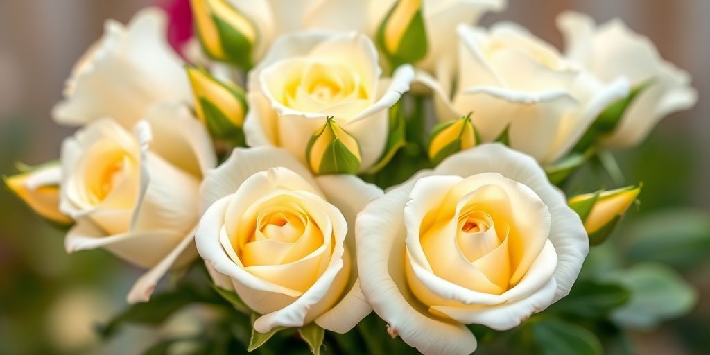 high-resolution image of a bouquet of white roses with yellow buds, shoot with a macro lens at f/2.8, ISO 100, shutter speed 1/250s, natural lighting, soft focus background, vibrant colors, shot from a slightly elevated angle with a DSLR camera