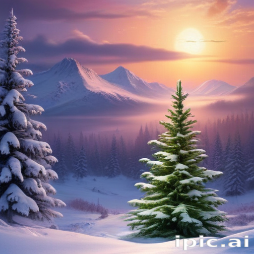 Serene Winter Landscape at Sunrise with Snow-Covered Trees and Mountains