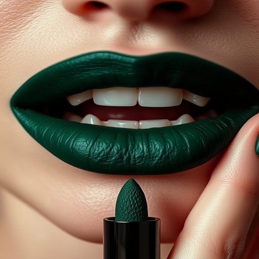 Deep forest green lip stain with a matte finish offers an avant-garde aesthetic, accentuating the lips' natural shape and texture in an unconventional hue