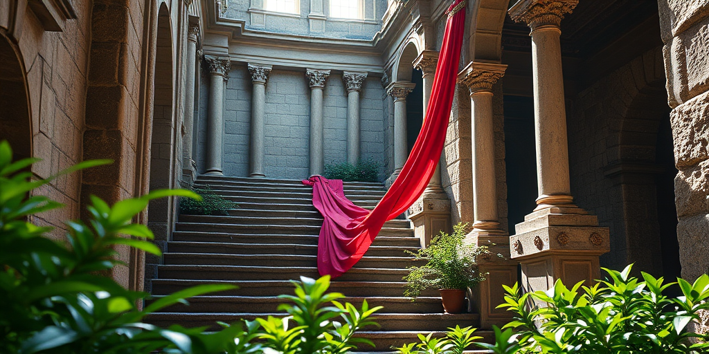 interior of an elegant ancient staircase with stone walls and columns, flowing crimson fabric draped elegantly, lush greenery in the foreground, soft sunlight filtering through, DSLR camera, aperture f/2.8, shutter speed 1/60 sec, ISO 200, wide angle lens, soft focus effect, high quality render