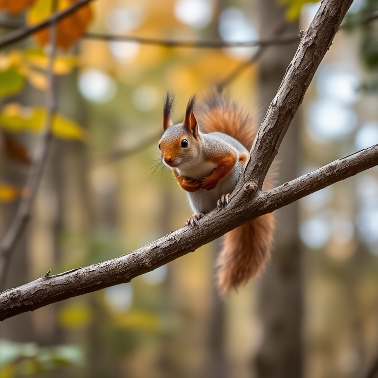 Squirrel on a tree branch in a forest setting, taken with a DSLR camera, 50mm lens, f/2.8 aperture, 1/200 sec shutter speed, ISO 200, focus on the squirrel with a blurred background, natural light.