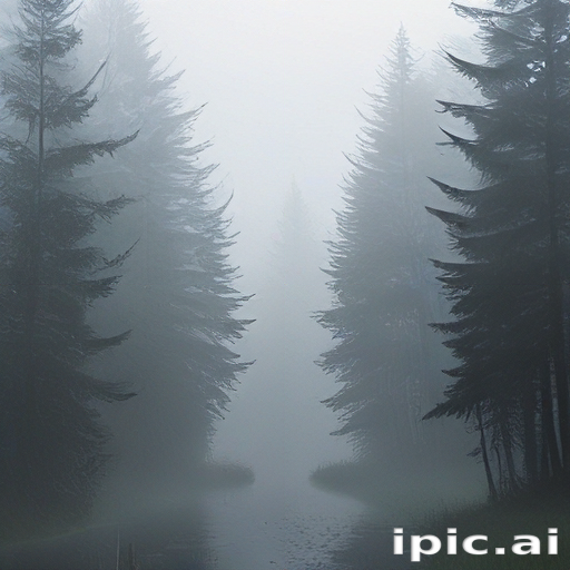 Mysterious Foggy Forest Pathway Surrounded by Towering Pine Trees.