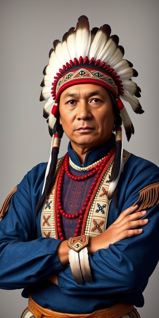 Create a dignified portrait of a Native American man dressed in traditional attire. He wears a beautifully crafted headdress adorned with white feathers and red beads, along with a beaded headband featuring intricate patterns. His clothing includes a deep blue, patterned shirt and a traditional chest piece with detailed beadwork. His arms are crossed, displaying leather armbands decorated with feathers. The background is simple and neutral, emphasizing his proud and stoic expression. The overall image captures the rich cultural heritage and strength of his persona.