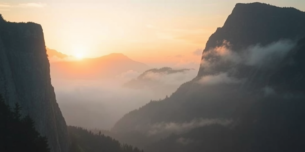 Capture a dramatic landscape of misty mountains at sunrise with soft lighting, using a DSLR camera with a 24mm lens, aperture f/11, ISO 100, a shutter speed of 1/125s, and a wide-angle shot to enhance depth and clarity.
