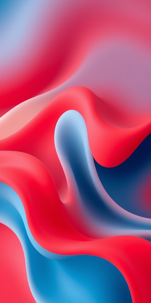 Create an abstract image of wavy lines in red, blue, and cream colors with smooth gradients, shot with a Canon EOS R5 at f/8, ISO 100, 24mm focal length, in portrait orientation, using a soft focus lens to enhance the vibrancy and depth of colors.