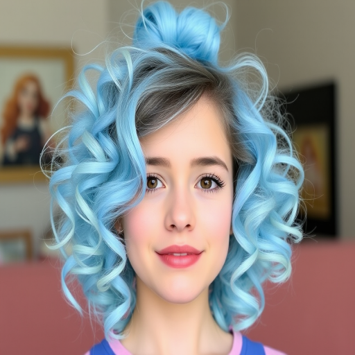 Playful hair style presenting cotton candy blue curls styled in a messy top knot with wispy tendrils framing the face