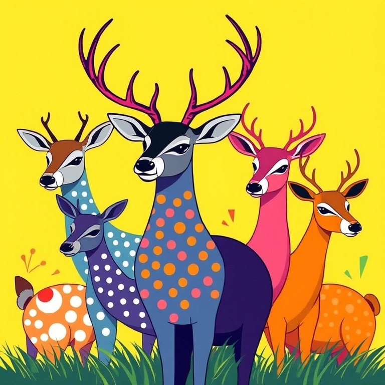 Create a colorful illustration of stylized deer in various artistic styles, including polka dots, geometric shapes, and outlines, with a bright background, shot with a DSLR camera at f/8 aperture, 1/250 sec shutter speed, ISO 200, focal length 50mm, and a vibrant color palette.