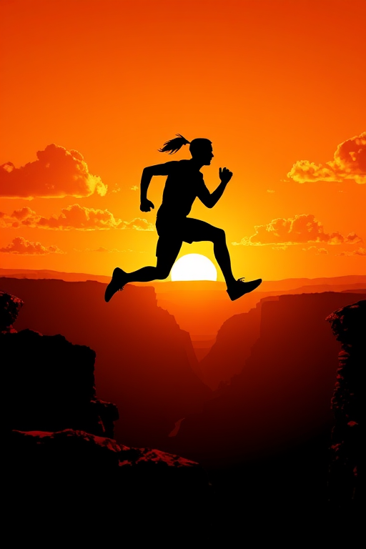Create a dynamic digital illustration of a silhouette of a runner leaping across a canyon at sunset, with a vibrant orange sky and fluffy white clouds, using a wide-angle lens, f/8 aperture, ISO 200, capturing a dramatic perspective to enhance depth and contrast.
