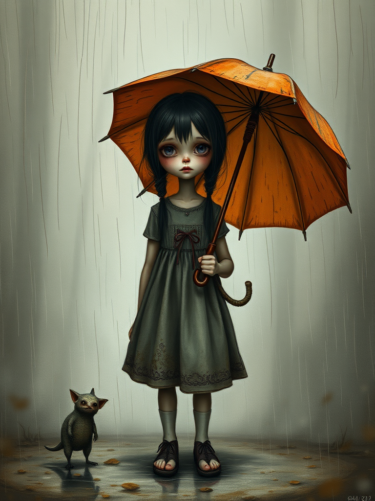 An eerie, weird little girl with dark hair in thin pigtails, wearing a smock dress, standing in the rain, holding a dirty orange umbrella, a small, odd creature beside her. In a surreal style inspired by Nicoletta Ceccoli and Brian Froud. Dark fantasy themes
