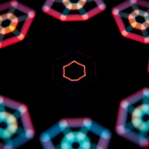 Create a close-up view of a hexagonal pattern with glowing edges on a dark background, using a macro lens, aperture f/2.8, ISO 100, 1/250s shutter speed, with soft bokeh and vibrant colors.