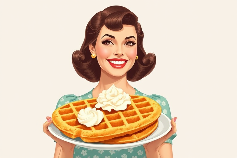 regenerate an illustration of a smiling woman holding a plate of waffles with whipped cream, with a vintage 1950s style, using a Canon EOS R5 camera, 50mm lens, f/1.8 aperture, soft lighting, high saturation, and a clean background for a polished look