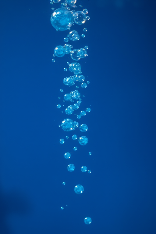 create an abstract underwater scene with varying sizes of blue bubbles rising against a deep blue background, use a Canon EOS R5 with a 50mm f/1.2 lens, aperture at f/2.8, ISO 100, shutter speed 1/200s, with a soft focus and high resolution for enhanced clarity