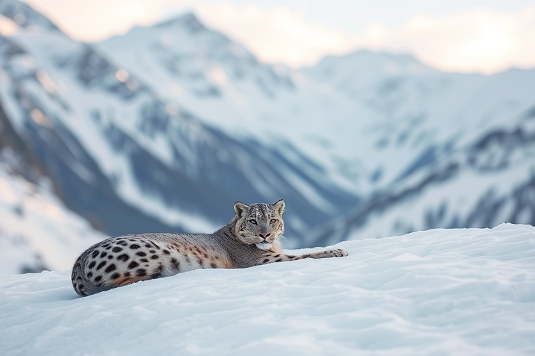 Snow leopards resting in a snowy mountain landscape, soft natural lighting, shallow depth of field, DSLR camera settings: f/2.8, ISO 100, shutter speed 1/200 sec, shot with a wide-angle lens at 24mm.