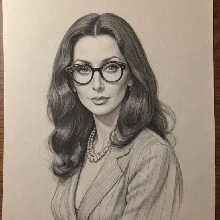 Appealing Cher, pencil sketch, portrait of Stunning woman 1938s in glasses, hair style beatnik, outline, clear lines, fine lines, 8k