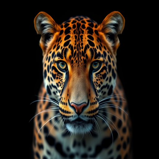 Create a high-resolution image of a leopard with vibrant orange and black coloring against a dark background, use a Canon EOS R5, 50mm f/1.2 lens, f/2.8 aperture, ISO 100, and a shallow depth of field for sharp focus on the leopard's face.