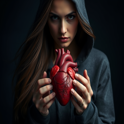 A portrait of a woman with long, flowing hair wearing a hooded sweatshirt, holding a detailed anatomical heart in her hands, dark and moody lighting, focus on the heart with a shallow depth of field, ISO 100, f/2.8, 85mm lens, softbox lighting for gentle highlights.