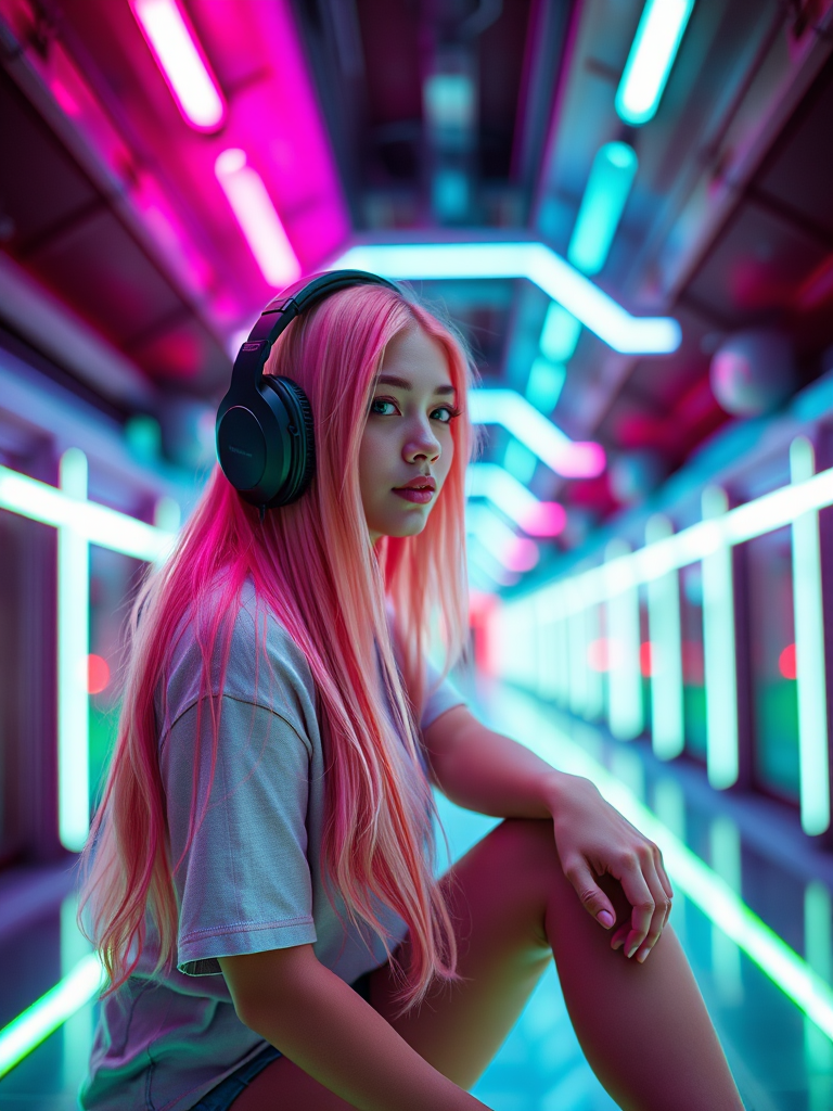 Generate an image of a young woman with long pink hair sitting in a futuristic neon-lit corridor, wearing headphones and a casual outfit, captured with a Canon EOS R5, 50mm f/1.2 lens, at ISO 100, f/1.2 aperture, and a shutter speed of 1/200s, in portrait orientation with a shallow depth of field for a blurred background effect.