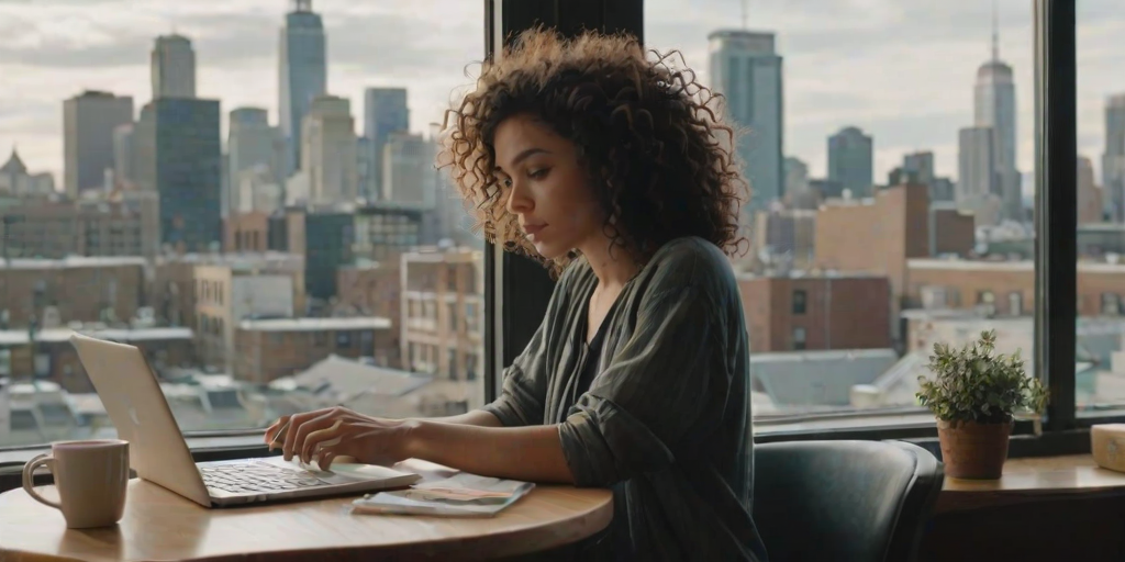 Bustling urban cafe, the clatter of cups and soft chatter fills the space, a woman with curly hair sits at a corner table by the window, typing on her laptop, the city skyline visible behind her.