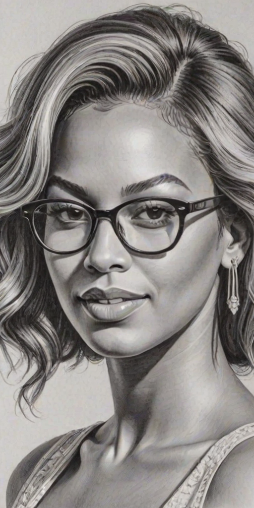 Resplendent Beyonce, pencil sketch, portrait of Pleasing woman 1957s in glasses, hair style beatnik, outline, clear lines, fine lines, 8k