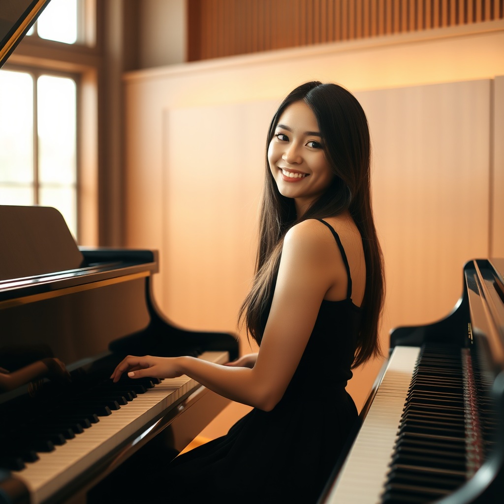 A young woman with long, dark hair smiles at the viewer as she sits at a grand piano, her right hand poised over the keys. The scene is lit by warm, natural light, highlighting the elegant simplicity of the woman's black dress. The perspective is from the side, emphasizing the contrast between the woman's delicate form and the grand scale of the piano. The ivory keys and dark wood of the piano create a striking visual contrast, further emphasized by the rich black of her dress.