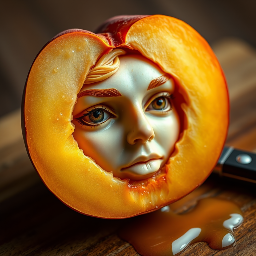 A hyperdetailed photorealistic macro color saturated high resolution image of a peach cut in half, with the peach pit being a highly detailed sculpted woman's face with her eyes open and peach-colored irises. The face has a marble texture. The image includes condensation, moisture, and peach juice. The peach is on a wooden cutting board with a small fruit knife nearby, also covered with juice.