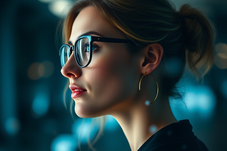 portrait of a woman with glasses in a futuristic digital overlay, soft focus, taken with a Canon EOS R5, 50mm lens, f/1.8, ISO 100, natural light, side profile view