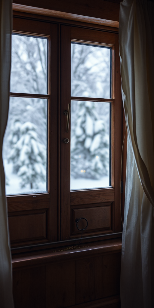 a serene winter scene viewed through a rustic wooden window with snow-covered trees outside, soft glowing lights gently illuminating the snow, curtains billowing softly, taken with a DSLR camera, 50mm lens, aperture f/2.8, ISO 100, 1/60 second shutter speed, natural soft lighting
