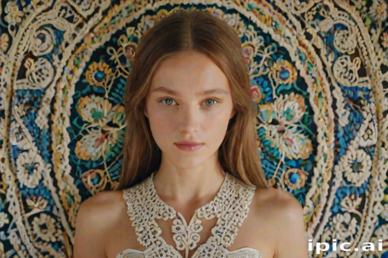 Face, shoulders, chest covered in openwork Ukrainian embroidery. Raw, unedited image.