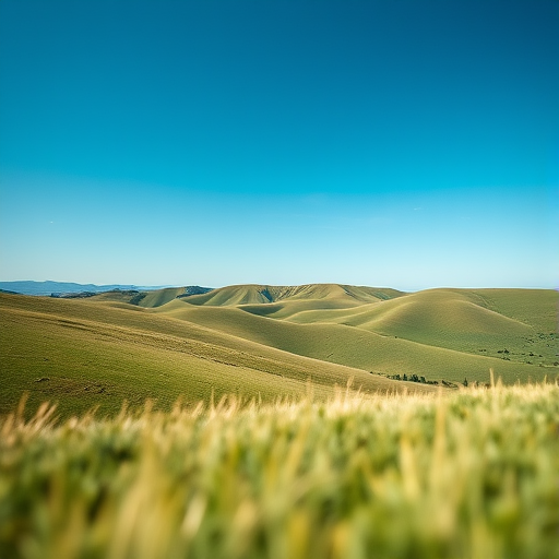 Create an image of a serene landscape featuring rolling green hills and a clear blue sky, captured with a Canon EOS R5 camera, 50mm lens, aperture set to f/1.8, shutter speed 1/200s, ISO 100, shot from a low angle to enhance the foreground details and depth of field.