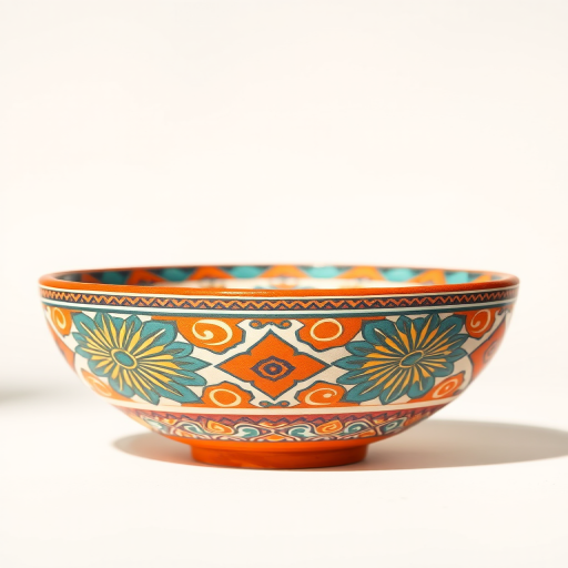 Create a high-resolution illustration of a decorative pottery bowl with intricate geometric patterns in vibrant colors, captured in daylight using a DSLR camera with a 50mm lens, f/3.5 aperture, ISO 100, and 1/100 shutter speed, side view for emphasis on design details.