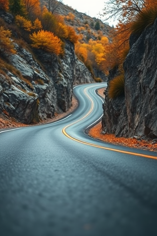 Capture a winding mountain road lined with rocky terrain and autumn-colored foliage, using a DSLR camera with a 24mm lens, aperture set to f/8 for sharp depth of field, ISO 100 for clarity, and a low-angle view to emphasize the curves of the road.