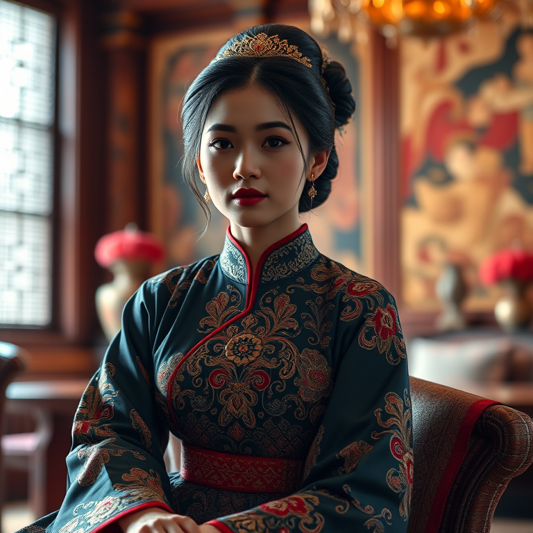 A beautiful Filipino woman in traditional East Asian attire, intricately detailed with embroidered patterns, sitting gracefully in a richly decorated room, soft ambient lighting, serene and elegant, ultra-realistic, 8K resolution