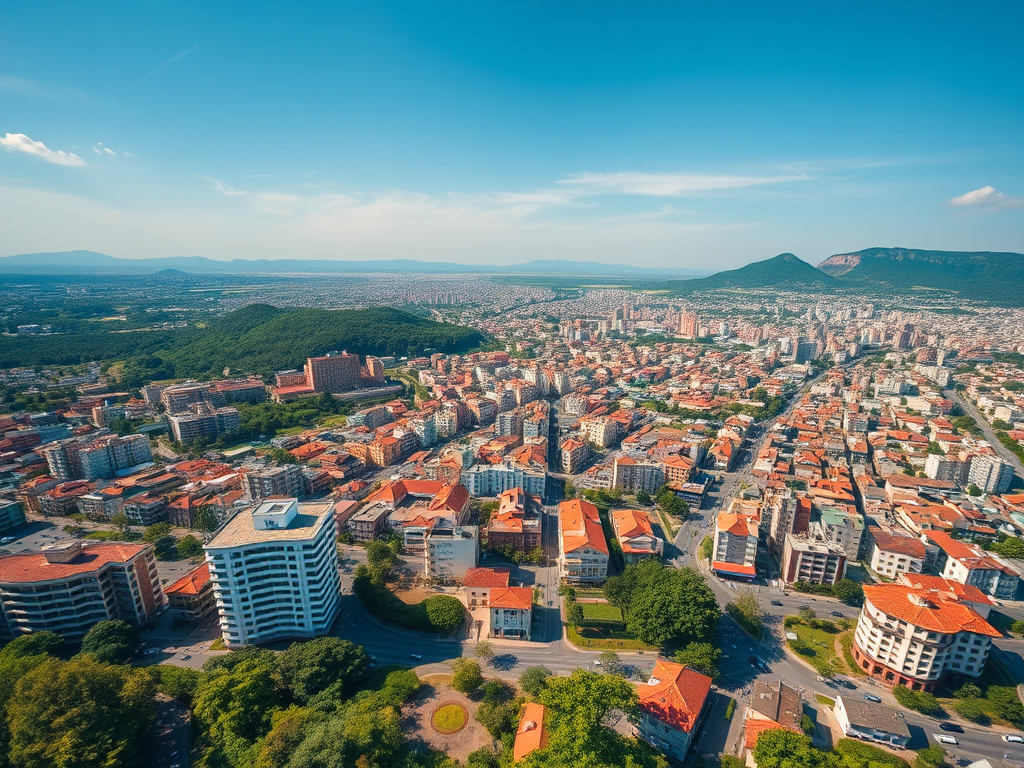Regenerate a vibrant aerial view of a sprawling cityscape with buildings, greenery, and mountains in the background, captured with a Canon EOS R5, at f/8 aperture, ISO 100, and a shutter speed of 1/250 seconds, using a wide-angle lens and bright daylight to enhance color and detail.