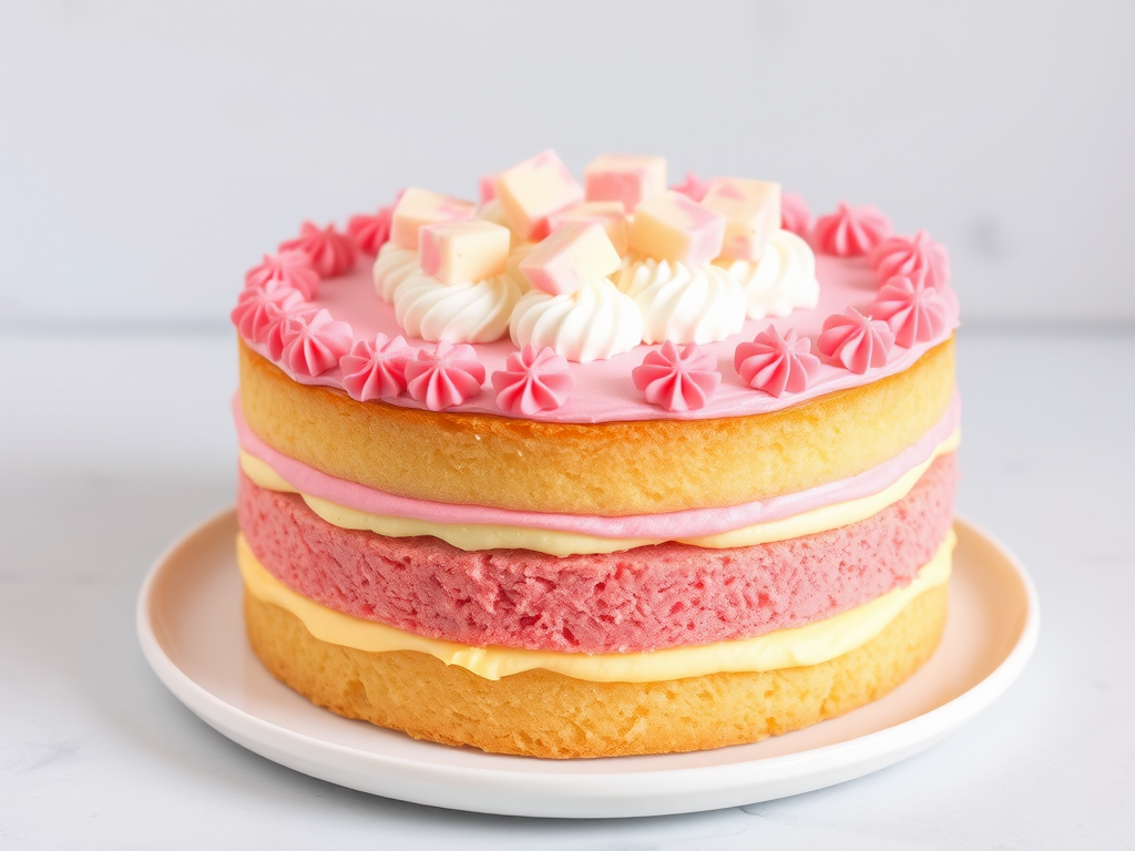 A beautifully decorated cake with layers of pink and yellow sponge, topped with whipped cream and small squares of cake, presented on a white plate against a soft gray background.