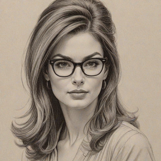 Alluring Sandy Bullock, pencil sketch, portrait of Magnificent woman 1961s in glasses, hair style beatnik, outline, clear lines, fine lines, 8k
