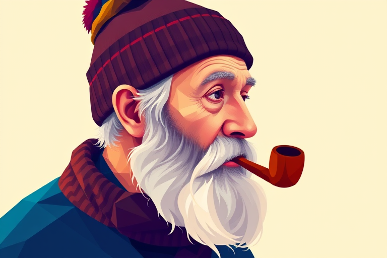 create a geometric illustration of an elderly man with a beard wearing a beanie and smoking a pipe, viewed in profile with vibrant colors and clean lines