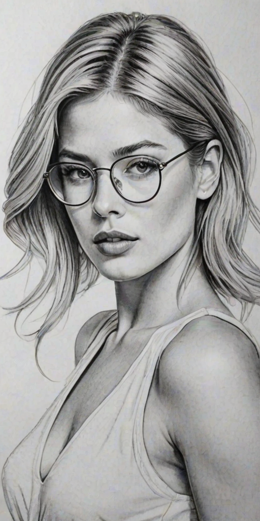 Captivating Doutzen Kroes, pencil sketch, portrait of Radiant woman 1921s in glasses, hair style beatnik, outline, clear lines, fine lines, 8k